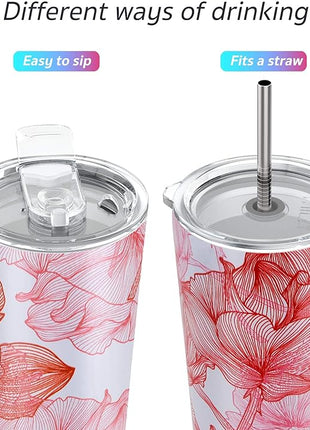 THILY Tumbler Stainless Steel Coffee Cup 26 oz Triple-Insulated Travel Mug with Splash-Proof Lid, Reusable, BPA Free, for Iced Water and Hot Beverage Smoothies Cup, Red Lotus