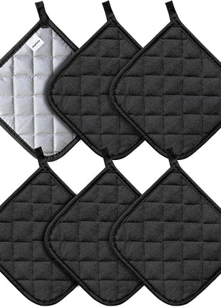Joyhalo 6 Pack Pot Holders for Kitchen,Cotton Oven Holder with Great Heat Resistance,Non Slip Hot Pads for Kitchen Clearance,Black
