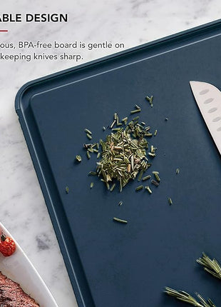 KitchenAid Classic Plastic Cutting Board with Perimeter Trench and Non Slip Edges, Dishwasher Safe, 12 x 18 inch, Ink Blue