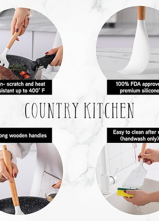 Country Kitchen Non Stick Silicone Utensil Set with Rounded Wood Handles for Cooking and Baking, 14 Piece Set, White