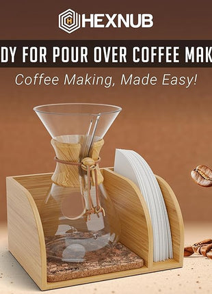 HEXNUB – Caddy for Pour Over Coffee Maker, Bamboo Stand fits Chemex, Bodum, Cosori Coffee Carafes, Heatproof Mat, Filter Holder for Drip Coffee Maker - Cork Mat