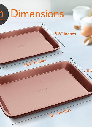 NutriChef 2-Piece Nonstick Cookie Sheets for Baking - Premium Medium & Large Size Baking Sheet Set - Thick Carbon Steel Bakeware Trays - Dishwasher Safe, Rose Gold
