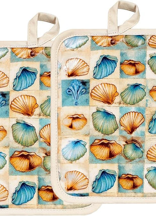 Pot Holders Set of 2 Heat Resistant 480 ℉Non Slip Clear Silicone Printed Comfortable Cotton Lining Kitchen Women Men Cooking Baking Microwave Machine Washable (Shell, Beige potholders)