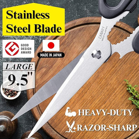 CANARY Japanese Kitchen Scissors for Food 9.5" [Long Blade] Heavy Duty Kitchen Shears, Dishwasher Safe Come Apart Blade, Japanese Stainless Steel Blade, Made in JAPAN