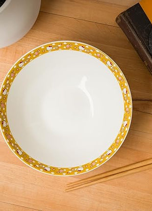 Silver Buffalo Sanrio Hello Kitty Pink and Gold Japanese Pattern with Flowers Ceramic Ramen Noodle Rice Bowl with Chopsticks, Microwave Safe, 30 Ounces