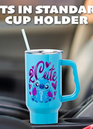 Silver Buffalo Disney Lilo and Stitch “2 Cute” Stainless Steel Tumbler with Handle, Fits in Standard Cup Holder, 40 Ounces (Pack of 12)