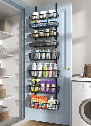 Over The Door Pantry Organizer, Pantry Organization and Storage, 8-Tier Deep Baskets Hanging Heavy-Duty Metal, Wall Spice Rack Seasoning Shelves for Home & Kitchen, Laundry Room Bathroom, Black