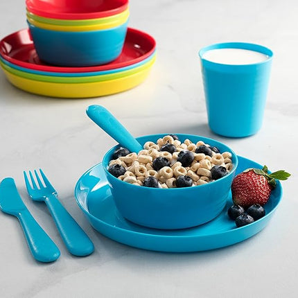 Kids Dinnerware Set for 4-24 Piece Plastic Childrens Dishes Dinnerware Sets Microwave/Dishwasher Safe BPA Free - Toddler Dinner Set Includes Kids Plates and Bowls Kids Cups Flatware Set