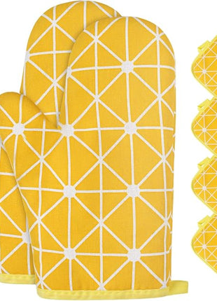 AUAUY Oven Mitts and Potholders BBQ Gloves-Oven Mitts and Pot Holders with Recycled Infill Silicone Non-Slip Cooking Gloves for Cooking Baking Grilling (6-Piece Set,Yellow)