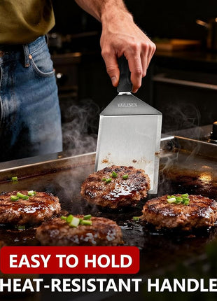 HULISEN Stainless Steel Large Grill Spatula - 6 x 5 Inch Heavy-Duty Metal Spatula with Cutting Edges, Kitchen Griddle Accessories, Smashed Burger Turner Scraper for BBQ Grill and Flat Top Griddle