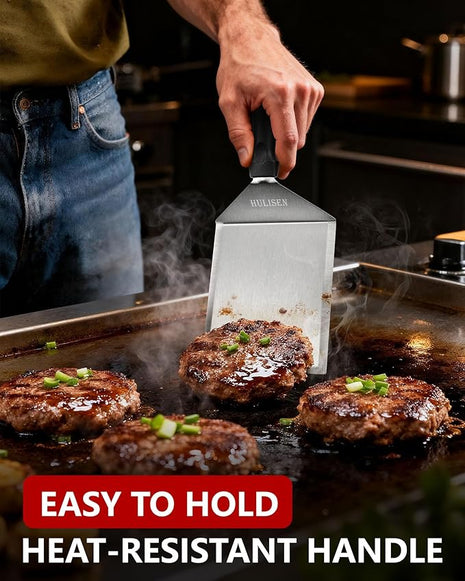 HULISEN Stainless Steel Large Grill Spatula - 6 x 5 Inch Heavy-Duty Metal Spatula with Cutting Edges, Kitchen Griddle Accessories, Smashed Burger Turner Scraper for BBQ Grill and Flat Top Griddle