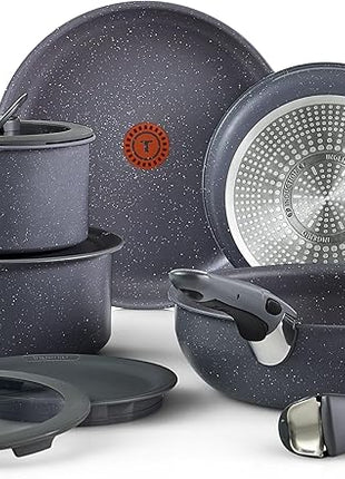 T-fal Ingenio Essentials Cookware Set with Detachable/Removable Handle 11 Piece, Granite Titanium Non Stick, Induction, Oven Broiler Safe 500F, Stackable, Pots and Pans Set, RV Camping, Fry Pans Gray