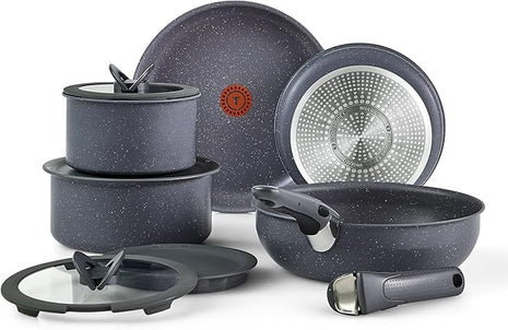 T-fal Ingenio Essentials Cookware Set with Detachable/Removable Handle 11 Piece, Granite Titanium Non Stick, Induction, Oven Broiler Safe 500F, Stackable, Pots and Pans Set, RV Camping, Fry Pans Gray