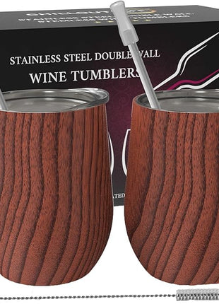 CHILLOUT LIFE 12 oz Stainless Steel Wine Tumblers 2 Pack - Double Wall Vacuum Insulated Wine Glasses Cups with Lids and Straws Set Keeping Cold & Hot for Coffee, Beer, Ice Cream - Wood Pattern