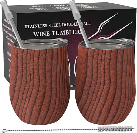 CHILLOUT LIFE 12 oz Stainless Steel Wine Tumblers 2 Pack - Double Wall Vacuum Insulated Wine Glasses Cups with Lids and Straws Set Keeping Cold & Hot for Coffee, Beer, Ice Cream - Wood Pattern