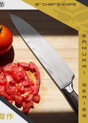 KESSAKU Chef Knife - 8 inch - Samurai Series - Razor Sharp Kitchen Knife - Forged 7Cr17MoV High Carbon Stainless Steel - Wood Handle with Blade Guard