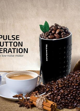 OVENTE Electric Coffee Grinder for Beans, Spices and More, 2.5Oz Compact Grinding Mill, Spice Grinder with Stainless Steel Blade, Pulse Button Operation and Transparent Easy to Open Lid, Black CG225B