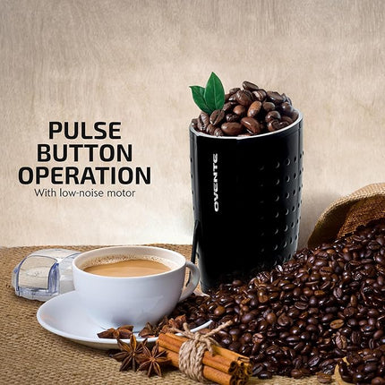 OVENTE Electric Coffee Grinder for Beans, Spices and More, 2.5Oz Compact Grinding Mill, Spice Grinder with Stainless Steel Blade, Pulse Button Operation and Transparent Easy to Open Lid, Black CG225B