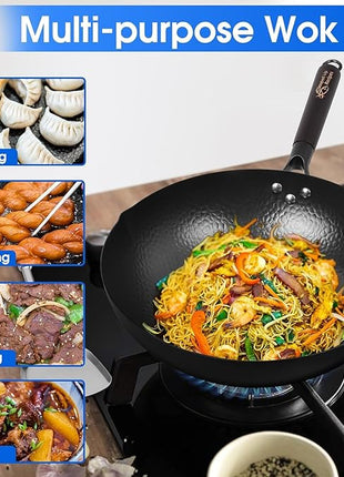 12.5 Inch Carbon Steel Wok For Electric, Induction and Gas Stoves (Lid, Spatula and User Guide Video Included)