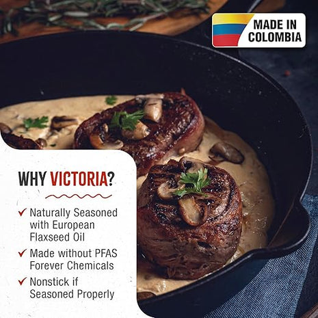 Victoria 12-Inch Cast Iron Skillet, Pre-Seasoned Cast-Iron Frying Pan with Long Handle, Made in Colombia