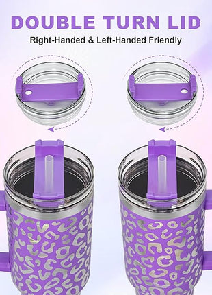 40 oz Tumbler with Handle and Straw, 100% Leak-Proof Travel Mug, Stainless Steel Double Wall Vacuum Insulated Coffee Cup Keeps Cold For 34 Hours, Dishwasher Safe, Purple Leopard