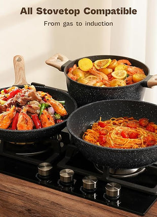 13 Pcs Pots and Pans Set, Nonstick Cookware Sets Black Granite Induction Cookware, Non-toxic Healthy Non stick Kitchen Cooking Set with Frying Pans Set, Saucepans (PFAS/PFOA/PFOS Free)