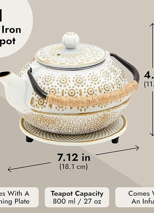 Juvale Stovetop Cast Iron Tea Kettle with Infuser - Superior Heat Retention Loose Leaf Tea Pot - Built-In Teapot with Strainer - Includes Trivet & Infuser Kettle - White, 27 Oz (800 ml)