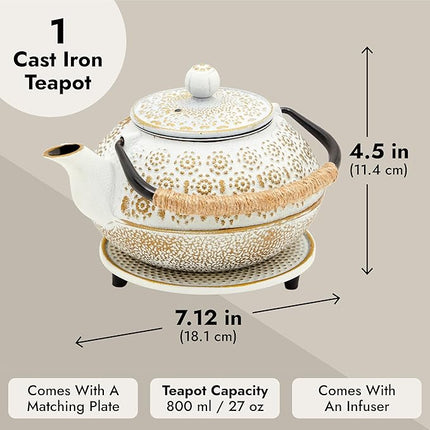 Juvale Stovetop Cast Iron Tea Kettle with Infuser - Superior Heat Retention Loose Leaf Tea Pot - Built-In Teapot with Strainer - Includes Trivet & Infuser Kettle - White, 27 Oz (800 ml)