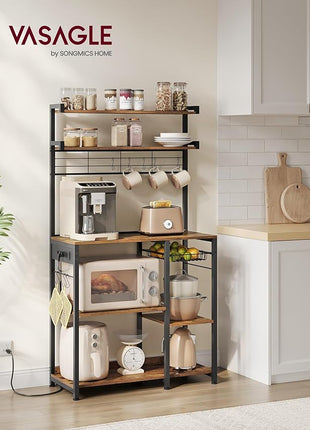 VASAGLE Bakers Rack with Power Outlet, 35.4 Inches Microwave Stand, Coffee Bar, 4 AC Outlets, with Adjustable Shelves, 8 S-Hooks, Basket, Spice Racks, Rustic Brown and Ink Black UKKS031K01