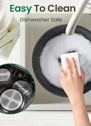 Chef Power Ceramic Nonstick Cookware Set 19 Piece with Detachable Handle, Induction Dishwasher Oven Safe Pans and Pots Set, RV Kitchen Set Removable Handle, Rock Stone Black