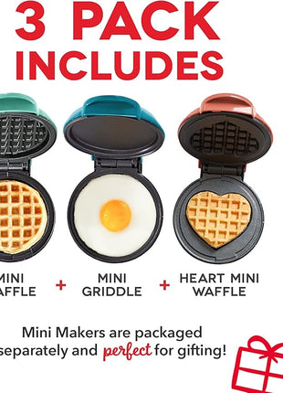 DASH Mini Maker 3-Pack Gift Set, Mini Waffle Maker + Mini Heart-Shaped Waffle Maker + Mini Maker Griddle