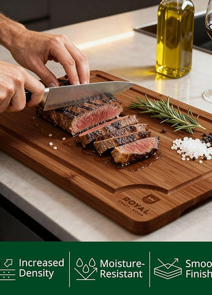 ROYAL CRAFT WOOD Wooden Cutting Boards for Kitchen Meal Prep & Serving - Bamboo Wood Serving Board Set with Deep Juice Groove Side Handles - Charcuterie & Chopping Butcher Block for Meat (3 Pcs)