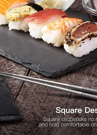 Metal Chopsticks Reusable 18/8 Stainless Steel Chopsticks Multipack Dishwasher Safe Chop Sticks Cute Laser Engraved Non-slip Japanese Korean Chopstick for Cooking Eating 9 1/4 Inches 5 Pairs Gift Set