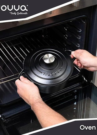 Cast Iron Pot with Lid – Non-Stick Ovenproof Enamelled Casserole Pot, Oven Safe up to 500° F – Sturdy Dutch Oven Cookware – Black, 5-Quart, 24cm – by Nuovva