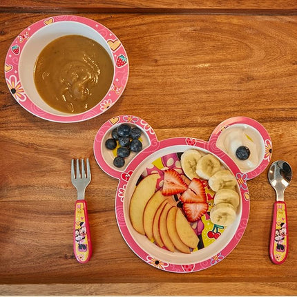 The First Years Disney Minnie Mouse Dinnerware Set - Toddler Plates and Toddler Utensils- 4 Piece Set