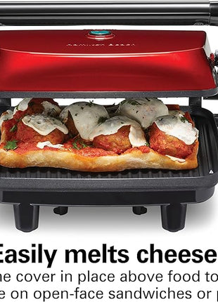 Hamilton Beach Panini Press Sandwich Maker & Electric Indoor Grill with Locking Lid, Opens Wide to Fit Any Thickness for Quesadillas, Burgers & More, Nonstick 8" x 10" Grids, Red (25462Z)