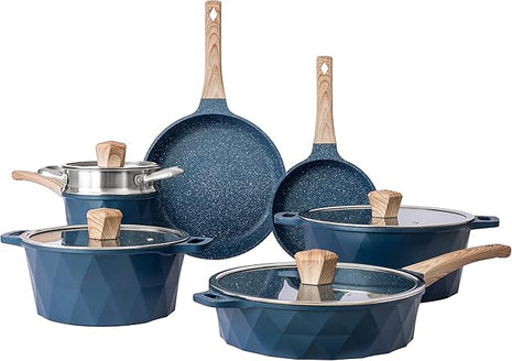 Country Kitchen Non-Stick Cast Aluminum Cookware Set - Durable Kitchen Cookware for Everyday Cooking, Navy Diamond, 11 Pc.