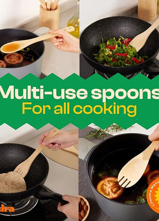 Riveira Maple Wooden Cooking Utensils Set of 9 Premium Quality Non-Toxic Wooden Spoons & Spatulas for Cooking, Stirring, Serving & Flipping