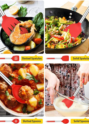 Pack of 4 Silicone Cooking Utensils Set, Non Stick Large Solid Spatulas, Heat Resistant Slotted Spoons, Ideal BPA Free Kitchen Turners for Frying, Mixing,Serving,Draining,Turning,Stirring (RED)
