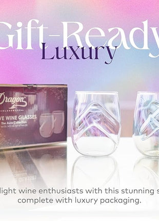 Dragon Glassware Stemless Wine Glasses - 16 oz Stemless Wine Glass Set with Finger Indentations - Set of 2 Iridescent Glassware - Aerates Naturally