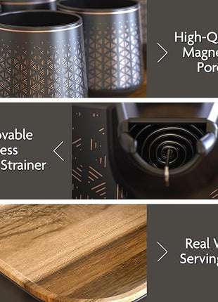 Vianté Luxury Tea Set. Electric Kettle with Infuser for Loose Leaf And Ceramic Serving Set. Teapot and Cup Set with Wooden Tray. Excellent Gift Idea For Tea Lovers.