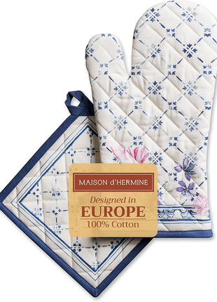 Maison d' Hermine 100% Cotton Oven Mitt & Pot Holder Set (7.5"x13" & 8"x8") Heat Resistant BBQ Cooking Gloves with Loop, Baking, Grilling, Kitchen, Handling Hot Pans Spring/Summer (Faience)