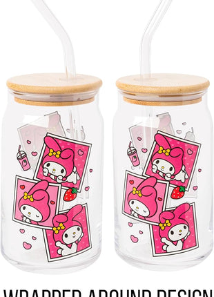 Silver Buffalo Sanrio Hello Kitty and Friends My Melody Polaroids Glass Jar Tumbler with Bamboo Lid and Glass Straw, 16 Ounces