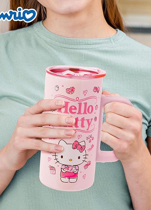 Silver Buffalo Sanrio Hello Kitty Strawberry Milk Double Wall Stainless Steel Travel Mug With Handle, 15 Ounces