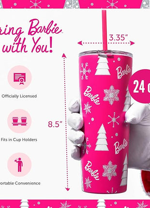 Dragon Glassware x Barbie Vacuum Insulated Stainless Steel Tumbler with Lid and Straw - Festive Holiday Travel Coffee Tumbler Cup to Keep Drinks Hot or Cold, Fits Cup Holders - Christmas Theme