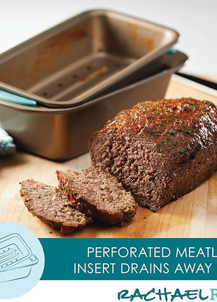 Rachael Ray 47578 Cucina Nonstick Bakeware Set with Grips Includes Nonstick Bread Pan, Baking Sheet, Cookie Sheet, Baking Pans, Cake Pan and Muffin Pan - 10 Piece, Latte Brown with Agave Blue Grips