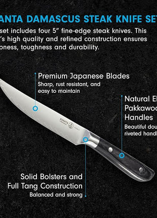 Messermeister Avanta Damascus Forged 5” Fine Edge Steak Knife Set - Rust Resistant & Easy to Maintain - Includes 4 Steak Knives