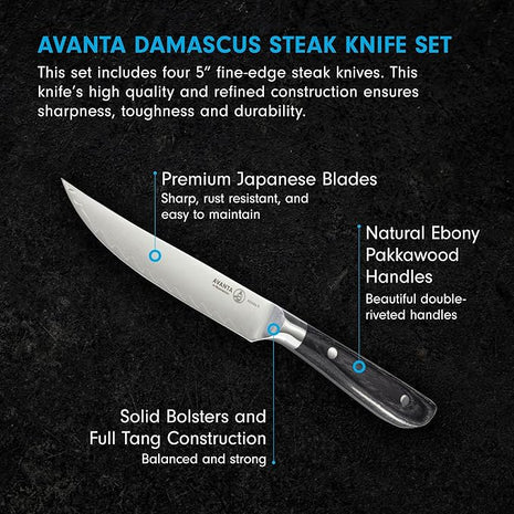 Messermeister Avanta Damascus Forged 5” Fine Edge Steak Knife Set - Rust Resistant & Easy to Maintain - Includes 4 Steak Knives