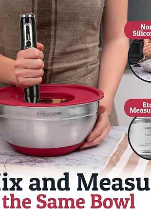 Priority Chef 6Pc Large Mixing Bowls With Lids Set with Non-Slip Bases, Stainless Steel Mixing Bowl Set, 6 Airtight Lids and 3 Graters, Red