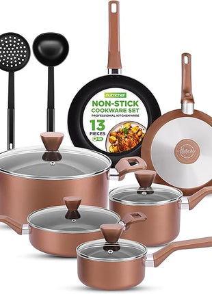 NutriChef 13 Pcs. Nonstick Kitchen Cookware PFOA/PFOS-Free Heat Resistant Kitchenware Set w/Saucepan, Frying Pans, Cooking Pots, Casserole, Lids, & Utensils, Brown, NCCWA13BR
